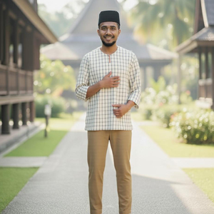 Kurta SIPO Malaisie <span class=keywords><strong>blanc</strong></span> avec des grilles fines sombres, haut de fête à col rond pour hommes, <span class=keywords><strong>pantalon</strong></span> kaki apparié casquette traditionnelle sur chemin en bois - Product Image 2