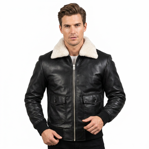 Unisex Black Genuine Leather Waterproof Windproof Bomber <b>Jacket</b> Winter Fur Collar Classic Warm ODM Manufacturer - Product Image 1