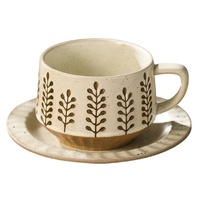 Tasse à café en céramique à motif feuille de bambou, tasse en grès moucheté avec soucoupe pour latte, thé, maison, bureau, café et restaurant