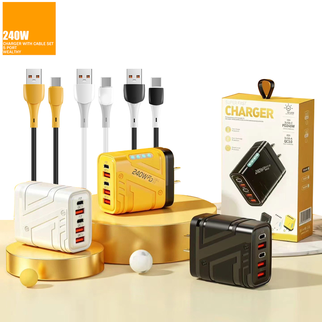 240W Robot 3D USB-C GaN Fast Charger With LED Light 5 in 1 2 USB+3 Type C Multi Port Quick Charge Mobile Phone Charging Adapter