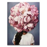 Affiche sur toile moderne minimaliste avec des roses en plumes, art mural scandinave, peinture créative de tête de femme avec des fleurs