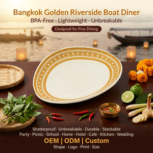 Assiette de service en mélamine dorée antique OEM ODM, 9 pouces, forme goutte d'eau ivoire, pour dîner indonésien Padang - Product Image 1