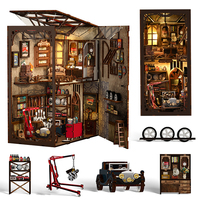 Kit de puzzle en bois 3D et mini-maison de poupée avec voiture ancienne, un projet de bricolage nostalgique, un diorama de coin de bibliothèque d'atelier de mécanicien