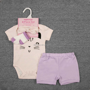 Nuovissimo Set di <span class=keywords><strong>Abbigliamento</strong></span> Unisex per Neonati 100% Cotone Traspirante Casual a Righe Estivo con Bretelle 4 Pezzi 0-24 Mesi Vendita all'Ingrosso - Product Image 3