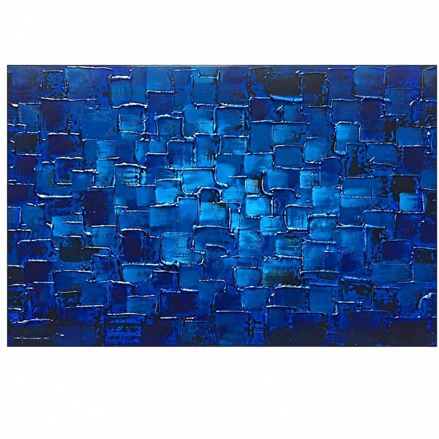 MyArton Original Textured Abstract Squares Canvas Wall Art Hand Painted Modern Dark Blue Oil Painting Decoration Ready Hang