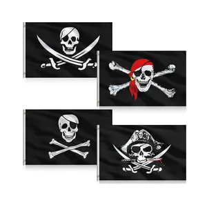 Personalizado atacado 3x5 tela de seda impressão poliéster preto crossbones motocicleta jolly roger pirata bandeiras