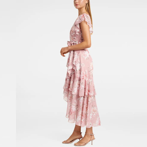 Abito Estivo Casual da Donna in Chiffon con Stampa Floreale, Vita Annodata, Orlo Asimmetrico e Maniche a Volant, Lunghezza <span class=keywords><strong>Midi</strong></span> - Product Image 3