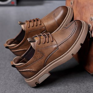 Men's Retro Leather Shoes <b>Brown</b> <b>Lace</b>-Up Low-Top Casual Work <b>Boots</b> Stitching Detail Leisure Wear Wenzhou Made - Product Image 4