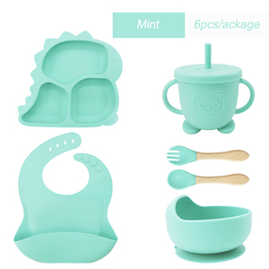 Unbreakable Toddler Dinosaur Shape Silicone Plate Set with Snail Bowl and Training Sippy Cup <b>Microwave</b> Safe Baby Feeding Kit - Product Image 5