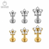 Anting-anting stud labret titanium Getta G23 dengan zircon, setting cakar, tindik tulang rawan, lapis emas, unisex, untuk pernikahan dan pertunangan.