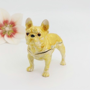SHINNYGIFTS kotak perhiasan Bulldog Perancis, hiasan rumah patung anjing seni logam bertatahkan berlian imitasi emas Enamel - Product Image 2