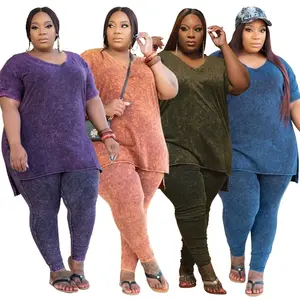 2021ขายร้อนฤดูใบไม้ร่วง5XL Plusขนาดแขนสั้นเสื้อLeggingสีทึบ2ชิ้นชุดกีฬาชุดวิ่งออกกำลังกายเสื้อผ้าผู้หญิง