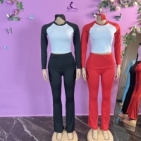 Ensemble décontracté 2 pièces femme 2026 : Haut court à col rond et manches longues + Pantalon taille haute contrastant, tenue de fête de Noël tendance (avec bandeau)