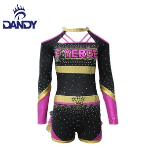 High school Saias Plissado Uniformes Cheerleading Strass Brilhante Uniformes Cheerleader