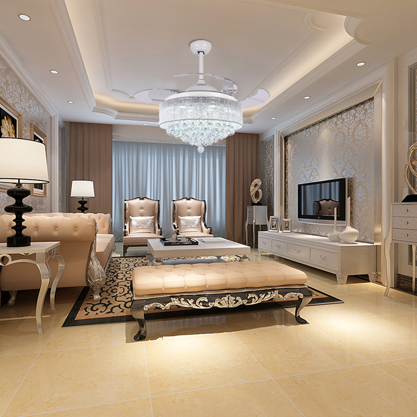 Luxury Crystal DC Motor Remote Chandelier Reversible Invisible Retractable Small Ceiling Fan with Upward Light