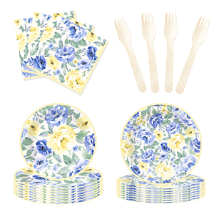 DAMAI Nuevo Juego de Vajilla Desechable con Diseño Floral, Platos, Vasos y Servilletas de Papel para Postre y Cena, Estilo Chino - Product Image 3