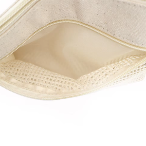 Borsa da viaggio in tela naturale Beauty Case per il trucco borsa da toilette con cerniera a doppia cerniera in cotone tasca in rete per cosmetici borsa regalo - Product Image 4