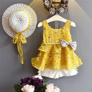 Floral Girls Clothing Sets Sleeveless Elegant Ruffle Bow Kids Clothes with Hat Sweet Summer Sun Top Shorts Two Piece Outfit