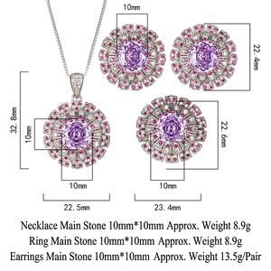 Collier et bague tendance pour fête et mariage, en cuivre écologique plaqué argent/or, avec zircon violet taille rose 14-10MM, motif floral exquis - Product Image 3