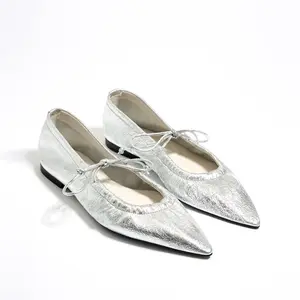 Sepatu balet ujung runcing perak wanita 2024 produsen Flat desainer kustom sepatu balet nyaman berkilau