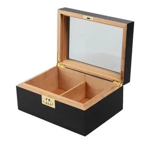 Thủy tinh trong suốt nắp Humidor OEM Nhà Máy Giá Matte Đen Tủ Mỹ phong cách bằng gỗ hộp xì gà