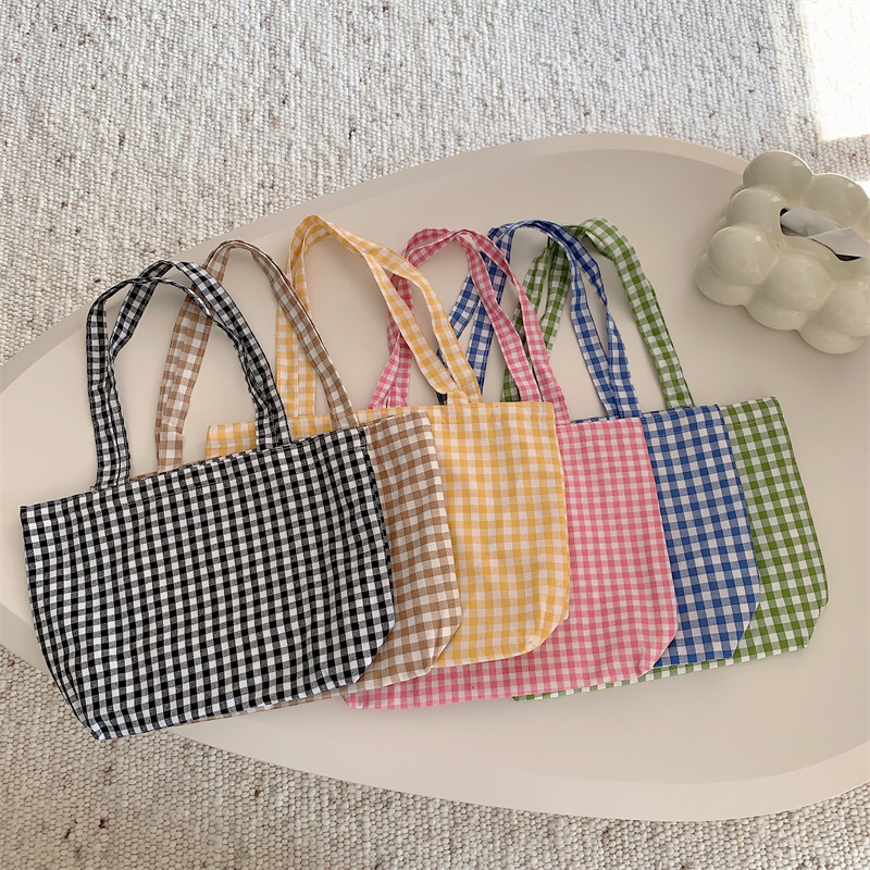 Wholesale Casual Canvas Tote Shoulder Bag - Gingham Pink