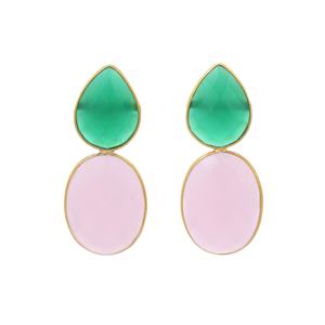 Boucles d'oreilles en argent sterling 925 plaqué or bijoux à goutte courte avec onyx vert et pierre de calcédoine rose pour filles et femmes - Product Image 5
