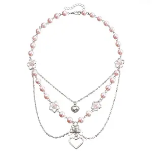 2024 new pink pearl Hollow heart choker y2k necklace fashion acrylic pearl hawaiian girl necklace for female