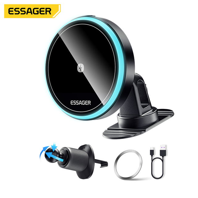 ESSAGER T1 Universal 360 Rotation 15W Wireless Charger Magnetic Car Phone Holder Air Vent Phone Car Mount for Iphone