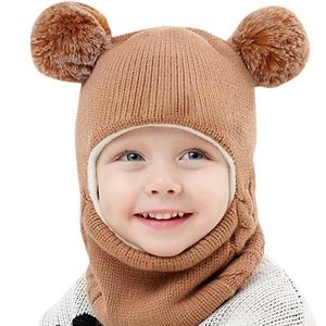 Cagoule d'hiver en tricot avec col à anneaux pour enfants, filles, garçons, couvre-visage à double <span class=keywords><strong>oreille</strong></span> et boules de poils, casquette chaude pour bébé, masque de ski - Product Image 1