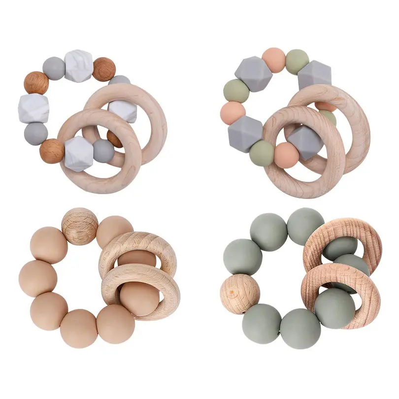 Beech Wood Chewbeads Brooklyn Teething Toy Silicone Beads Ring Wood Teether Rattle for Baby Infants Babies Toddlers M3628
