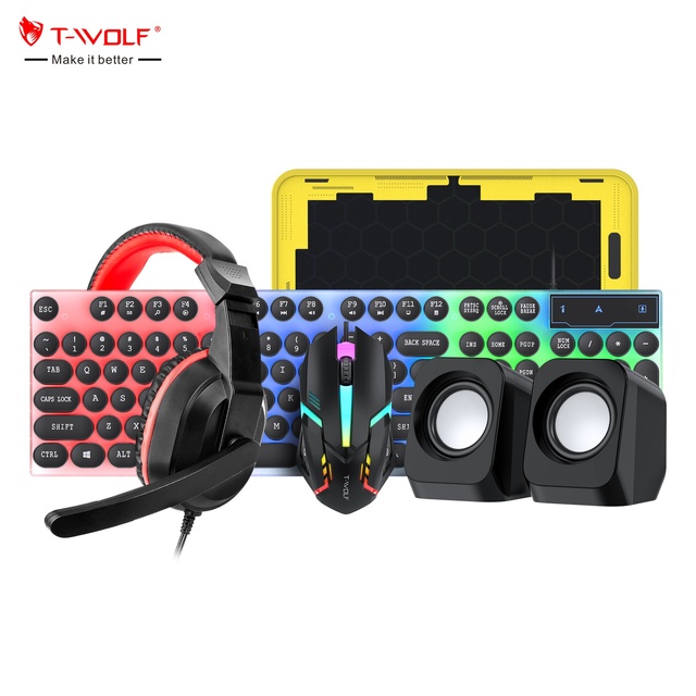 T-WOLF TF250 5IN1 Gaming Keyboard Combos Kits Wired Keyboard Mouse Speaker Headset Mousepad Set for Computer Desktop