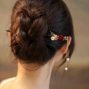Épingles à cheveux vintage en forme de rose avec pompon, accessoires pour femmes, épingles à cheveux noires et rouges, bâtonnets à cheveux, bijoux pour coiffure - Product Image 3