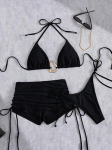 Conjunto de Bikini de 3 Piezas para Mujer, con Anillo Metálico, Top Triangular, Traje de Baño de Color Sólido con Tiras, Shorts de Playa, Traje de Baño Sexy al por Mayor - Product Image 5