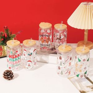 Offre Spéciale – Gobelet en Verre à Double Paroi de 16 oz avec Logo Personnalisé, Sublimation, Motif Neige de Noël, Couvercle en Bambou et Paille - Product Image 2