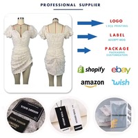 HK72276 Robes d'été tendance pour femmes, décontractées, sexy, en jacquard, col en V, manches bouffantes, taille haute, fines, froncées, courtes