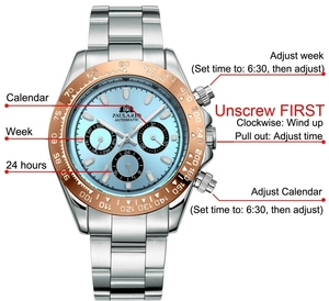 Montres automatiques pour hommes, mécaniques à remontage automatique, en acier inoxydable doré, avec lunette bleu glacier, marron châtain, Reloj Hombre Baratos - Product Image 2