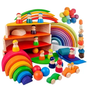 Baby 6 Months Rainbow Color Stacking Educational Kids Montessori Wooden Toys For Kids Sensory Toys