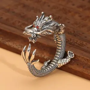 Vintage Thai Silver Live Dragon Life Teng Personality Domineering Chinese Style Mouth Ring