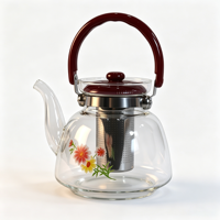 Théière en verre borosilicate à imprimé floral, poignée rouge, grande capacité, avec infuseur amovible, cadeau idéal pour la famille et les amis
