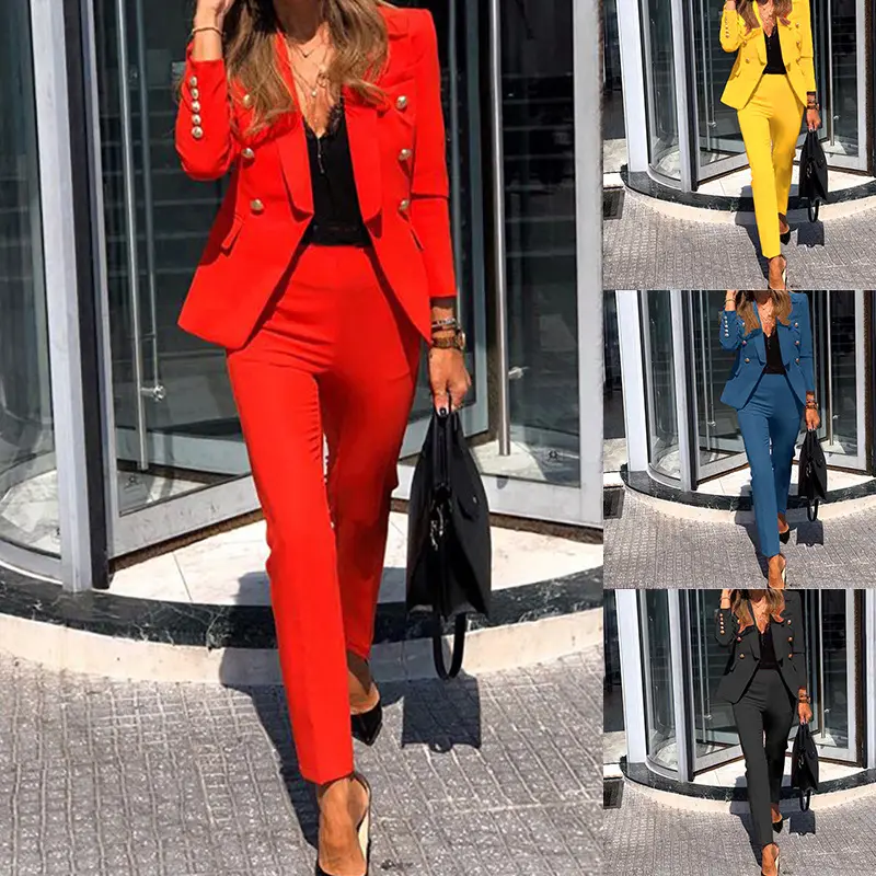 Haute qualité couleur unie deux pièces ensembles Slim femmes costumes et smoking à manches longues Blazer et pantalon bureau formel femmes costumes