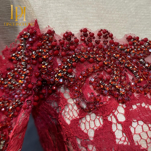 ชุดราตรีผ่าสูงชุดงานพรอมแขนยาวปักลูกปัดผ้าโปร่งสีแดงงานปาร์ตี้ - Product Image 4