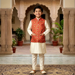 Ensemble Kurta Jacquard Père et Fils en Mélange de Soie, Vêtements Ethniques Imprimés, Gilet et Pantalon pour Mariage et Diwali - Product Image 1