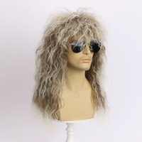 Perruque synthétique longue et bouclée, blonde argentée, pour hommes et femmes, années 70, années 80, rock, punk, disco, mulet, cosplay