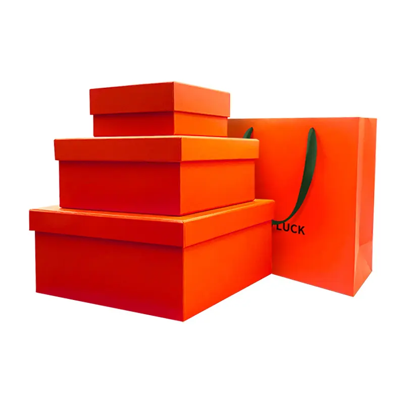 קופסאות קרטון בסיטונאות מוכנות למשלוח סט אריזות יוקרתיות מכסה כתום וקופסת מתנה בסיס עם שקית נייר