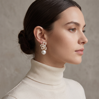 Anting-anting Mutiara Bunga Elegan untuk Wanita, Anting-anting Gantung Kupu-kupu CZ Hati Pink Mikro Pave Penuh, Perhiasan Pengantin Romantis
