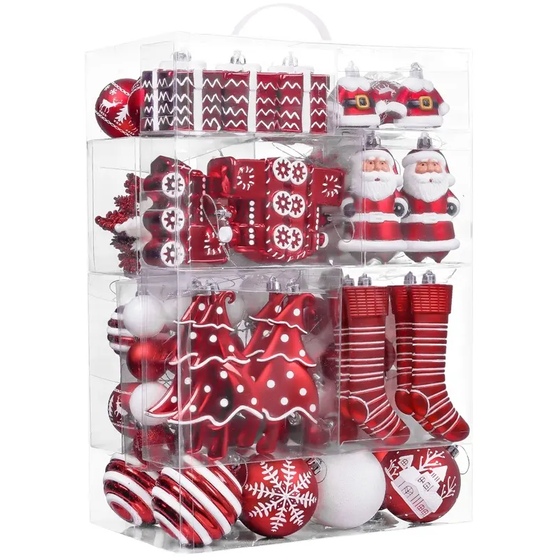 Amazon top sale items 155pcs 30-160mm red white shatterproof Christmas ball Decoration ornaments