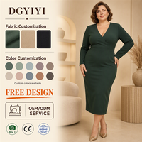 Gaun Kerja Wanita Ukuran Besar 260GSM Opaque Plus Size, Bahan Twill Tebal, Model Fitted, Kerah V Dalam, Lengan Panjang, Midi, Musim Gugur, Cocok untuk Kantor, Logo Custom OEM