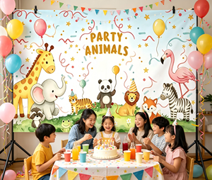 Toile de fond d'<span class=keywords><strong>anniversaire</strong></span> sur le thème des animaux de la <span class=keywords><strong>jungle</strong></span>, décor photo mignon avec animaux sauvages du bois pour la décoration de fête d'<span class=keywords><strong>anniversaire</strong></span> des enfants - Product Image 2