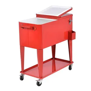 Outdoor Metal Patio Rolling Drink Cooler 80 QT Red Ice Beer Drink Chest Cart cooler with Bottle Opener and Catch Tray